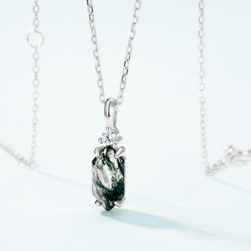 S925 Sterling Silver Moss Agate Pendant Necklace