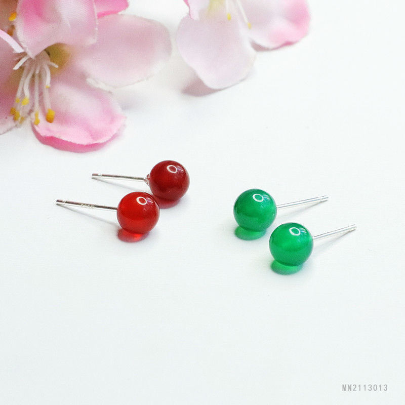 Red Agate & Green Chalcedony 925 Silver Stud Earrings — Two Pairs