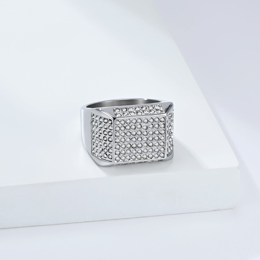 Street Stainless Steel Gold-Plated Zircon Ring Men's