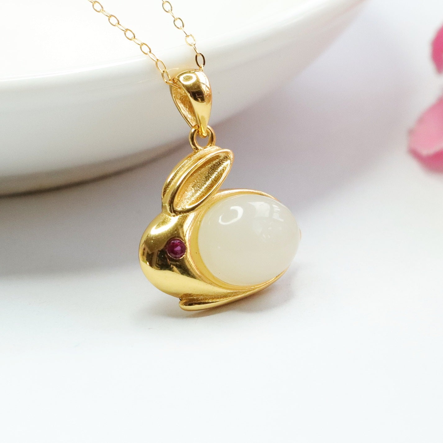 S925 Silver Natural Hetian Jade White Jade Rabbit Necklace