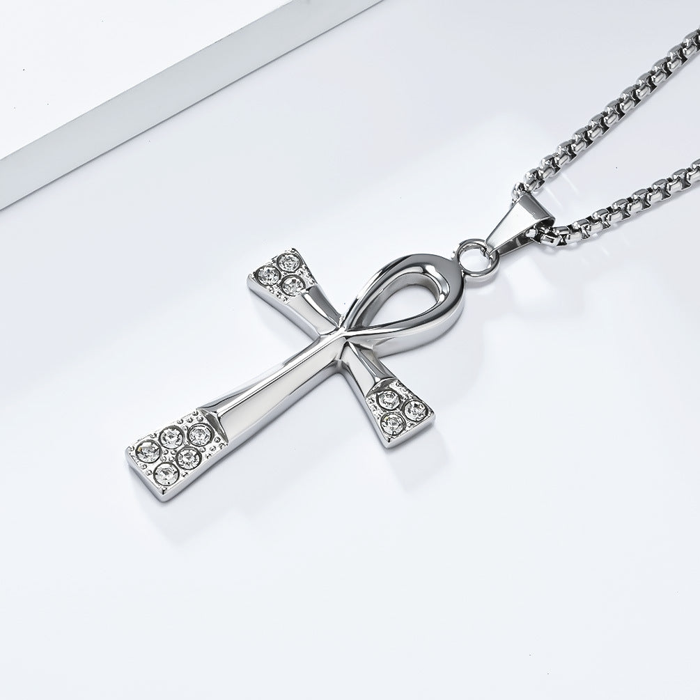 Vintage Egyptian Anka Titanium Steel Cross Necklace for Men
