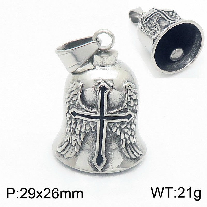 Viking Triangle Charm Locomotive Hanging Bells, Vintage Masonic Cross Angel Wings Bells Titanium Necklace