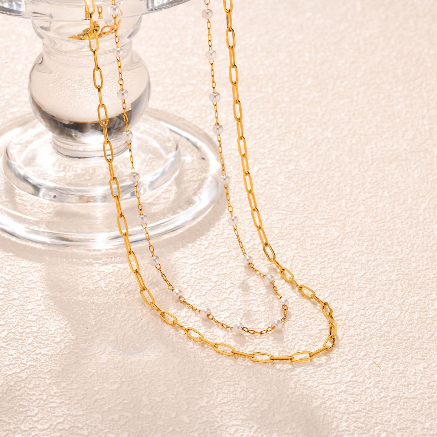 Collarbone Chain Double-Layer Stainless Steel Small Square Chain Faux Pearl Stacked Necklace