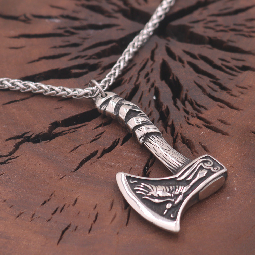 Viking Odin Axe Stainless Steel Pendant Necklace with Norse Crow Amulet
