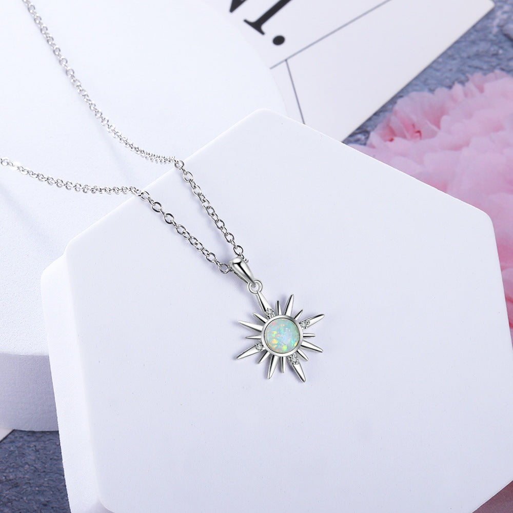 Round Opal Sun with Zircon Sterling Silver Necklace
