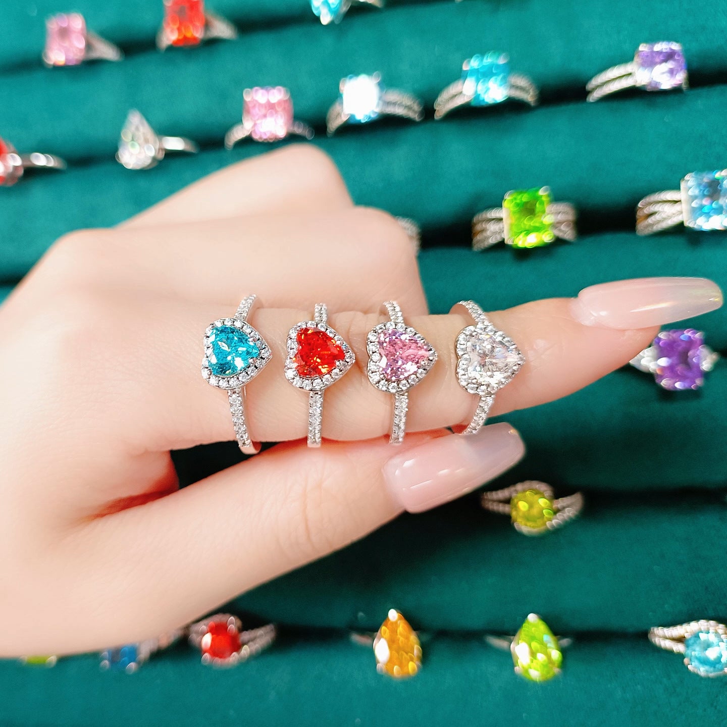 New 925 Sterling Silver 1ct Flame Ice Heart-Shaped Love Ring