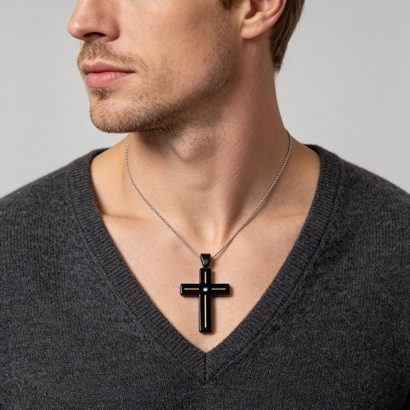 Popular Slotted Line Zircon Cross Titanium Steel Pendant Retro Contrasting Color Stainless Steel Necklace