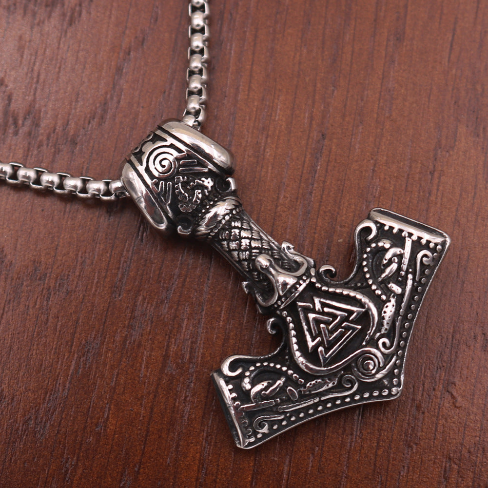 Viking Thunder Hammer Titanium Steel Necklace - European and American Favorite with Runa Rune Pendant