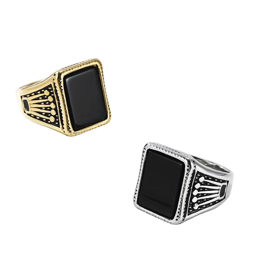 Crown Men's Stainless Steel Ring Square Glass Gemstone Seal Stainless Steel Men's