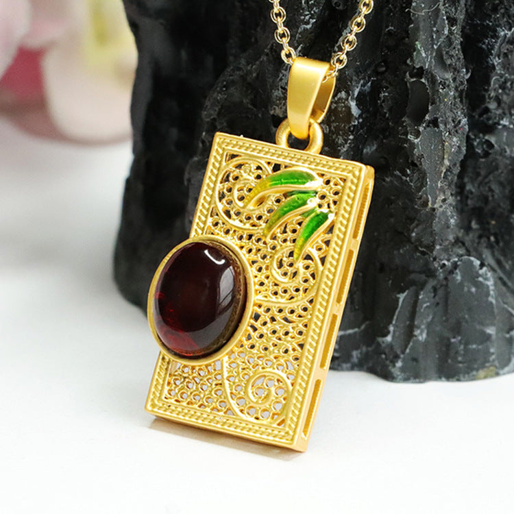 Chinese Jewelry Collection: Sterling Silver Bamboo Leaf Pendant Necklace with Beeswax Amber Gem
