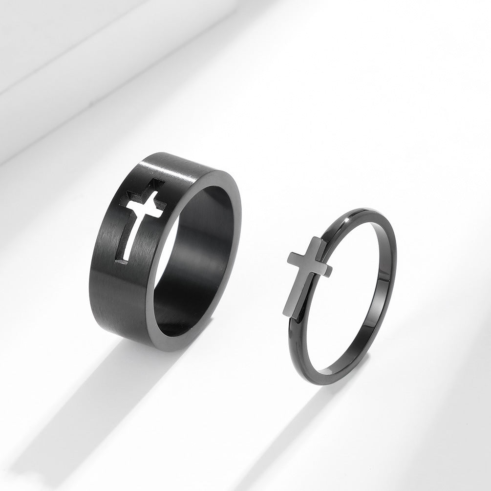 Cross-Border European and American Style Hollow Titanium Steel Cross Couple Ring
