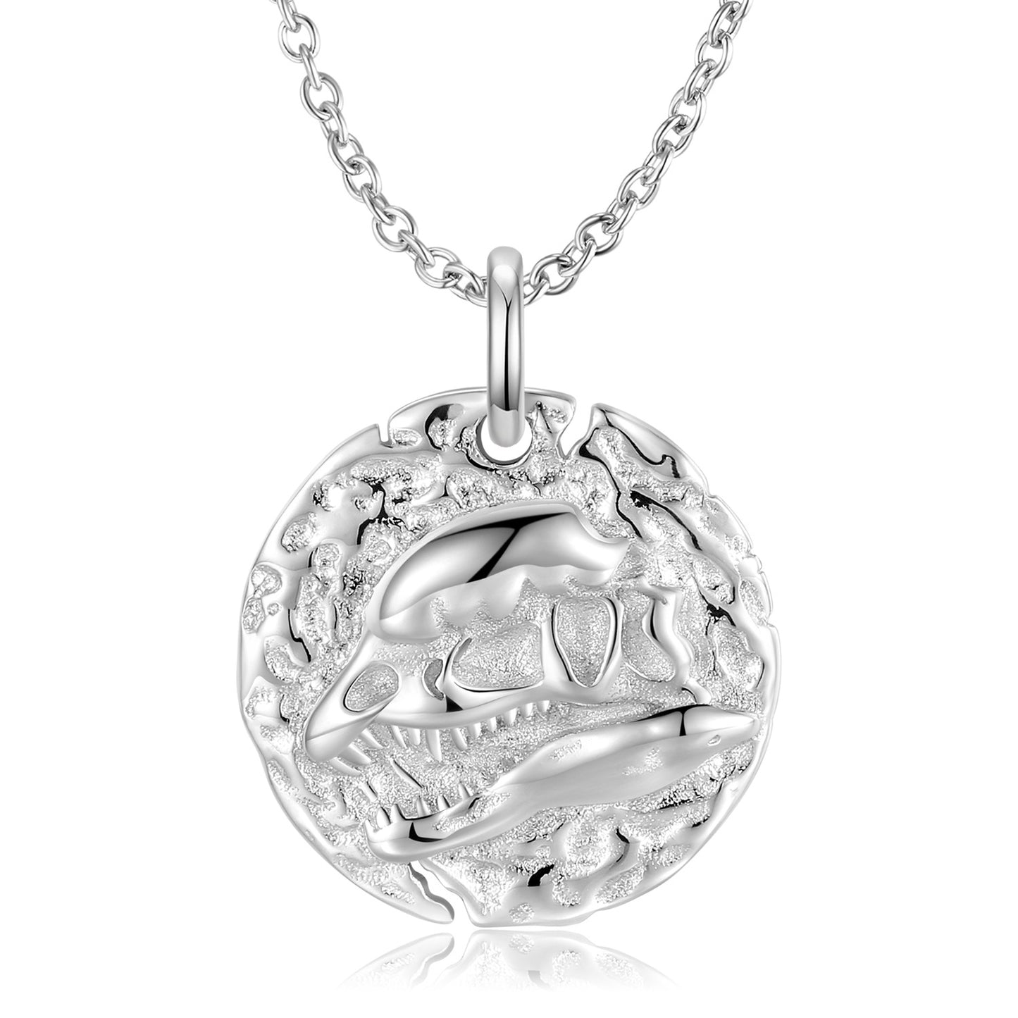 Velociraptor Embossed Round Disc Pendant Silver Necklace