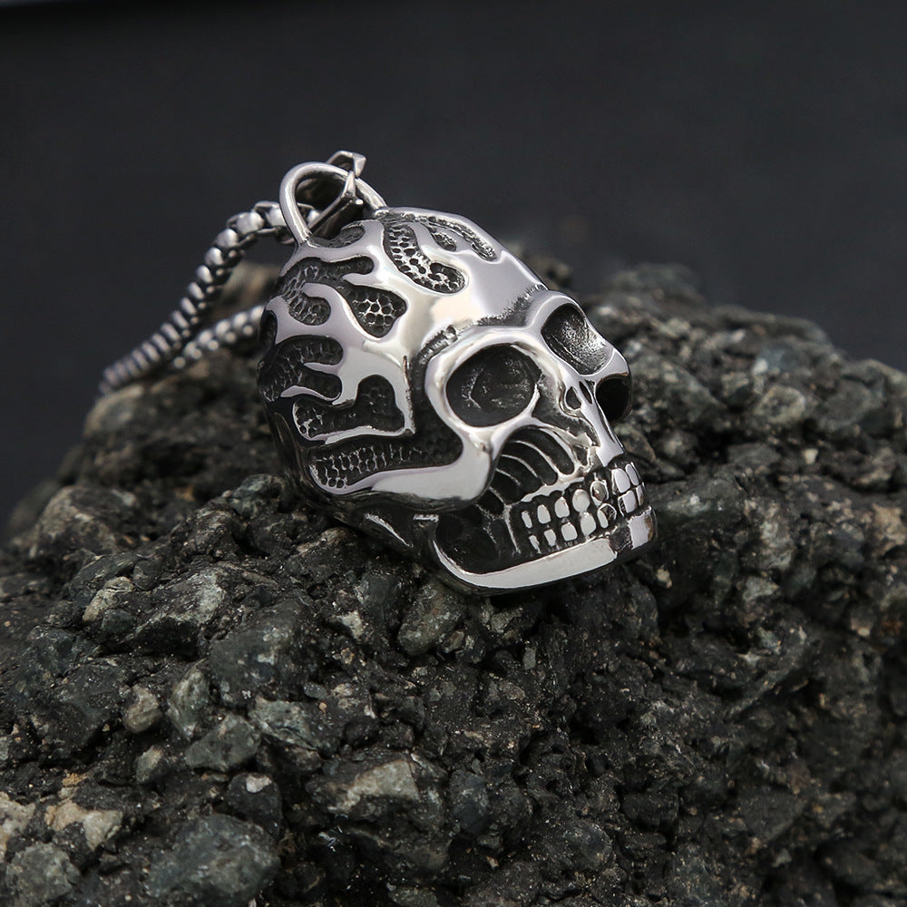 Foreign Trade Titanium Steel Flame Skull Necklace for Men