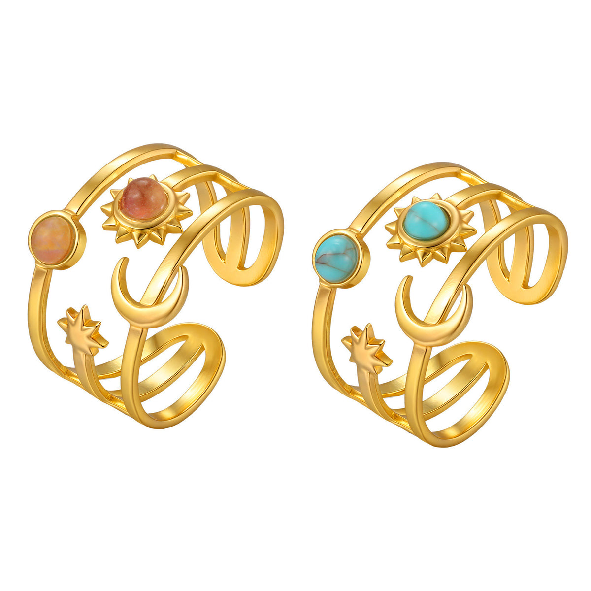 Stainless Steel Version Sweet Cool Wind Turquoise Star & Moon Three-Layer Open Ring Gold