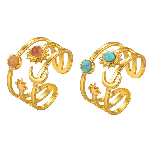 Stainless Steel Version Sweet Cool Wind Turquoise Star & Moon Three-Layer Open Ring Gold