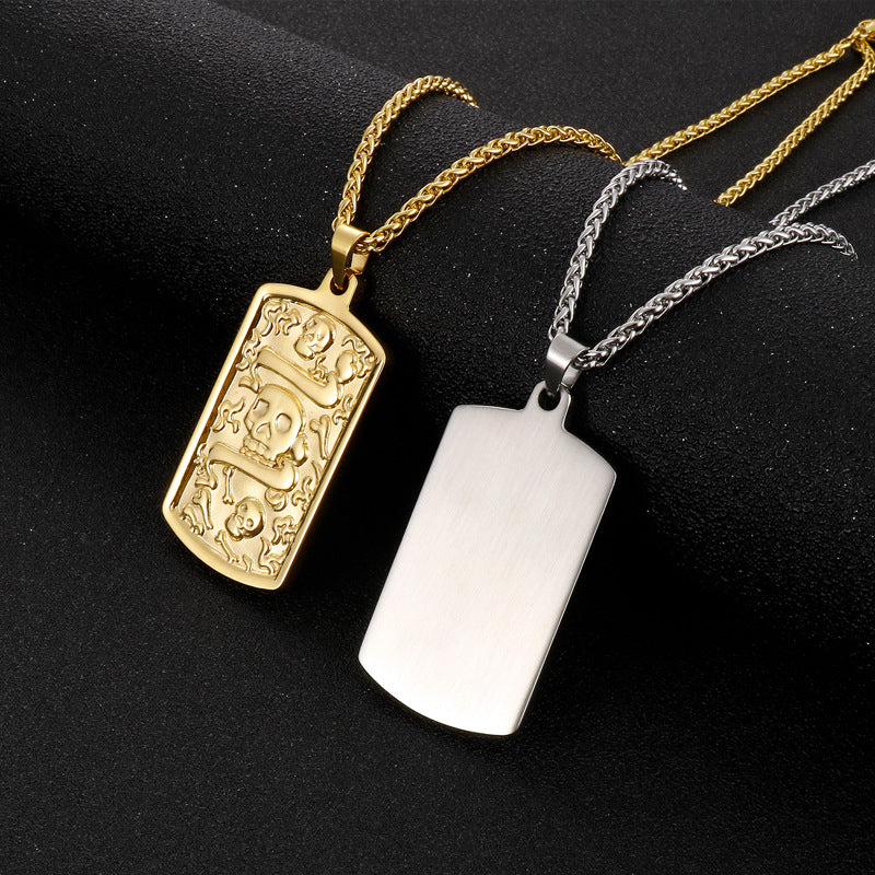 Customizable Square Pendant Necklace with Korean-Inspired Simple Bone Skull Flower Basket Chain in Titanium Steel for Men