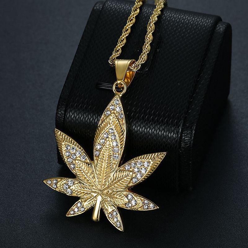 Hip Hop Jewelry Titanium Gold Plated Zircon Maple Leaf Pendant Necklace By Planderful For Urban Fashion Fans