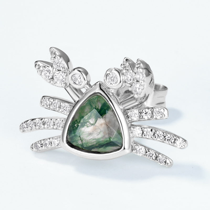 Planderful Jewelry Sterling Silver Crab Stud Earrings With Green Moss Agate Ocean Charm