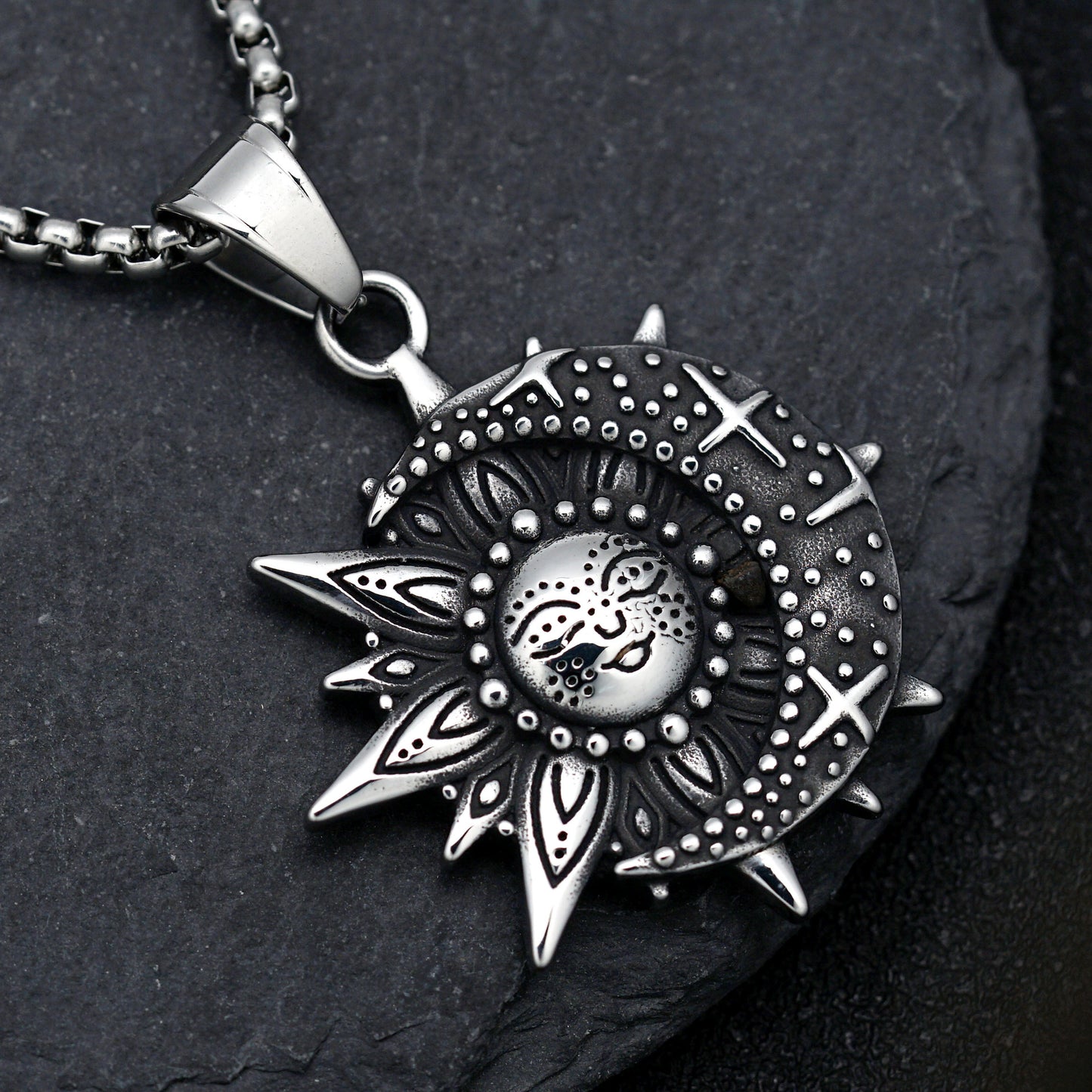 Steel Necklace Vintage Sun Smiley Celestial Mandala Floral Pendant Planderful Jewelry
