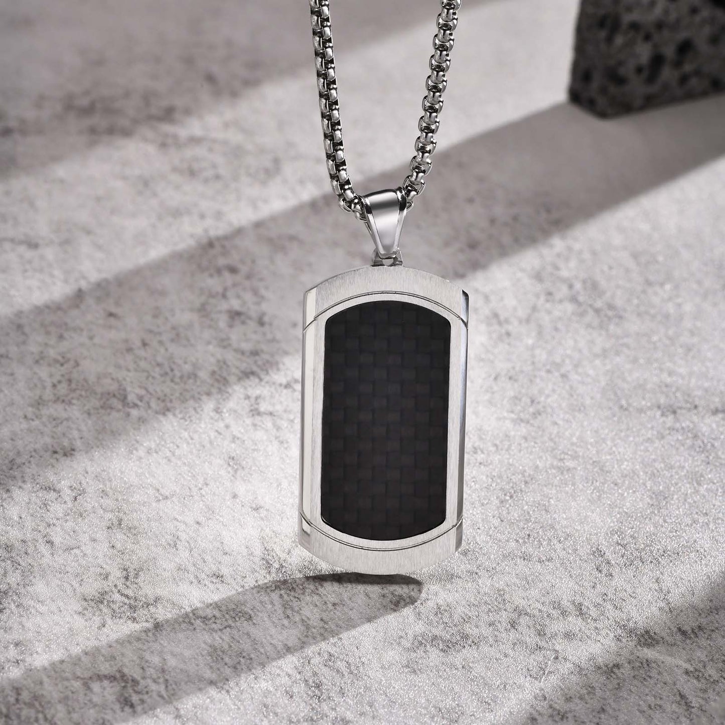 Stainless Steel Carbon Fiber Dog Tag Pendant Necklace Men