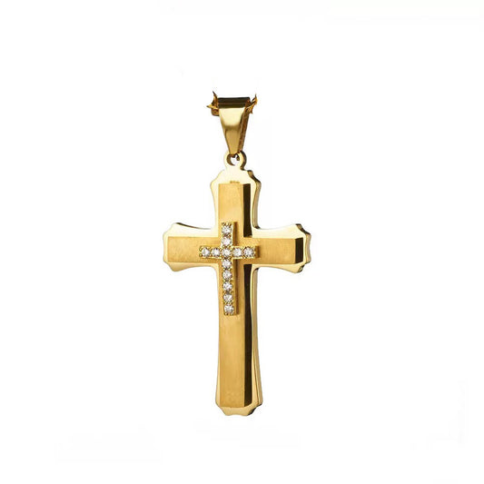 Planderful Titanium Steel Cross Pendant With Zircon Inlay 3D Three Layer Mens Stainless Necklace Punk European Style
