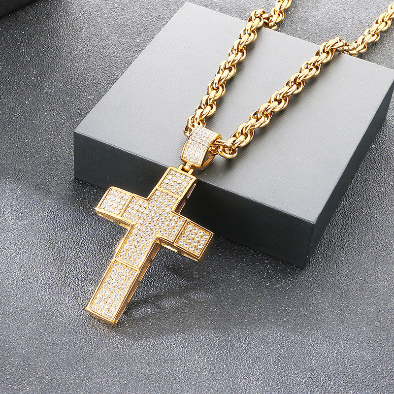 Twist Chain Hip Hop Inlaid With Zircon Double Cross Hollow Pendant Stainless Steel Necklace