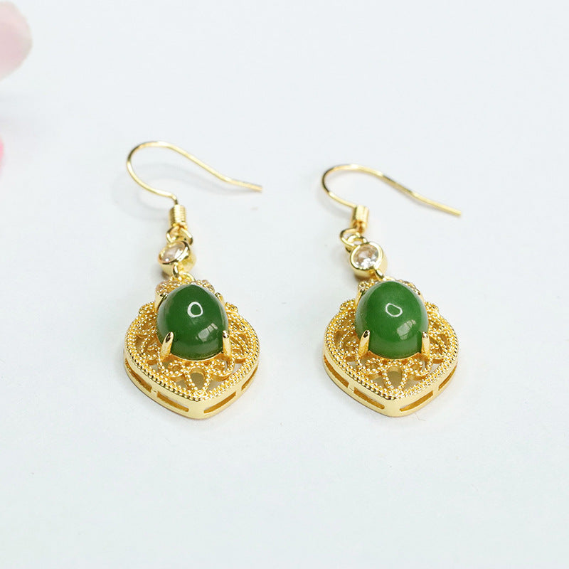 Green Jade Love Earrings with Sterling Silver Hooks
