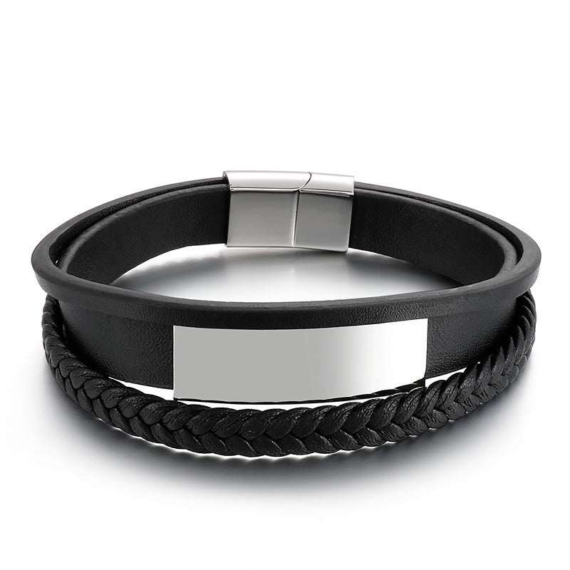 Planderful Everyday Genie Mens Leather Steel Curved Bracelet