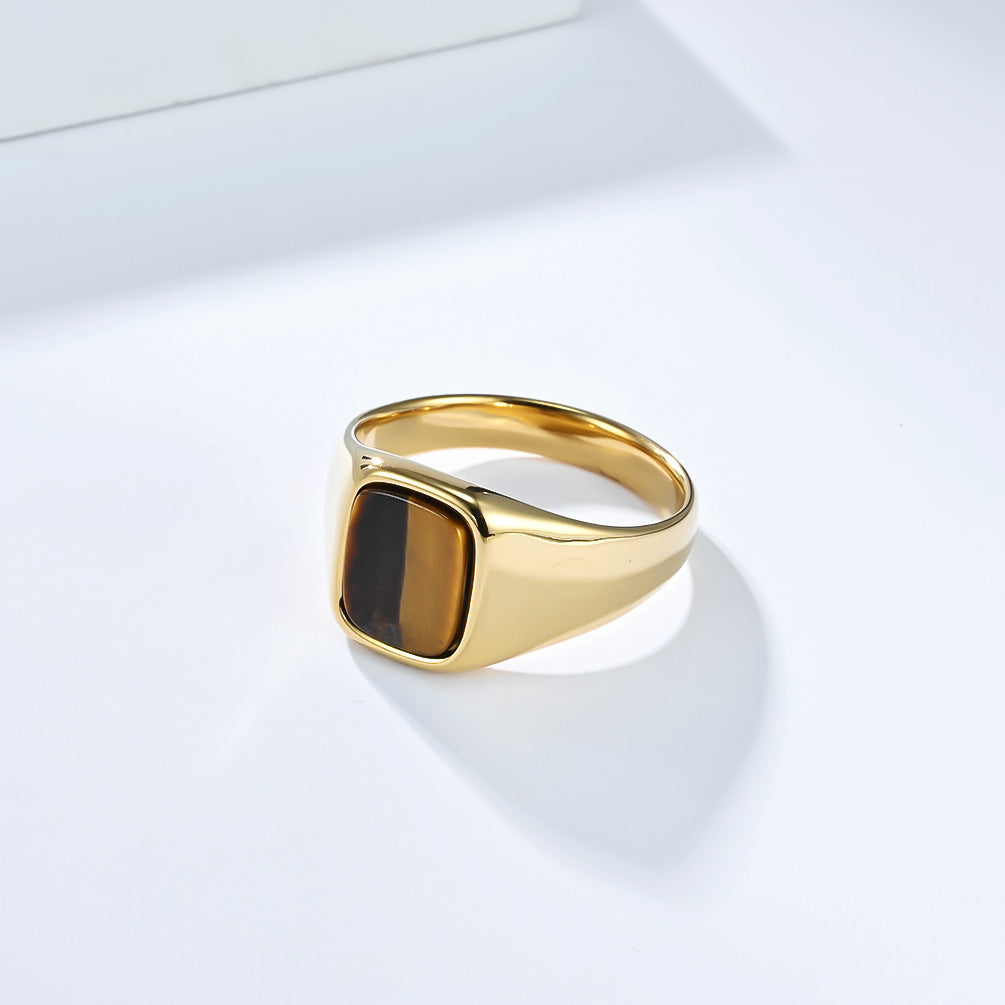 Planderful Tiger's Eye Ring Titanium Steel Inlaid Unisex Modern Gem Ring For Men And Women