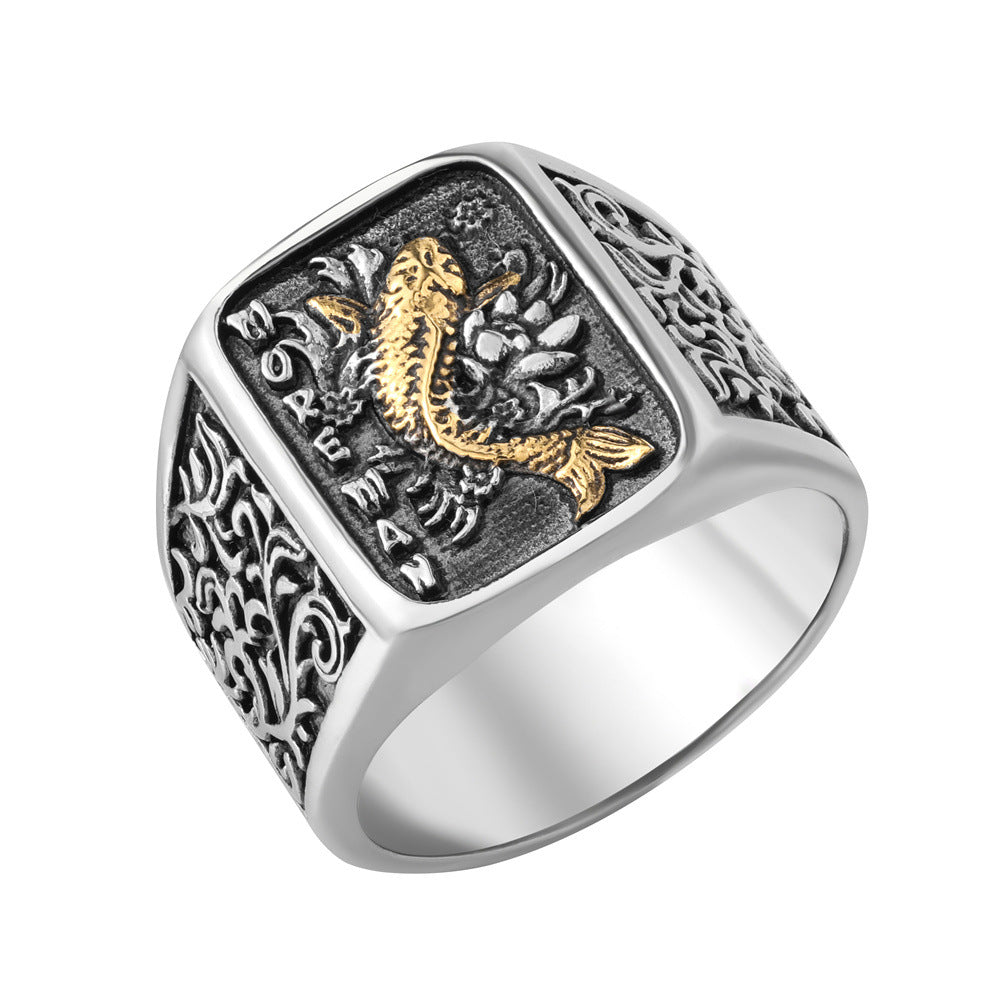 Planderful Everyday Genie Titanium Steel Ring Unisex Retro Carp Motif Durable Gift for Men and Women