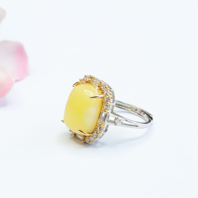 Sterling Silver Natural Yellow Amber Beeswax Zircon Halo Ring