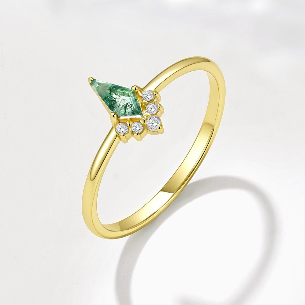 Natural Aquatic Plant Agate Ring S925 Pure Silver Geometric Green Moss Stone Zircon