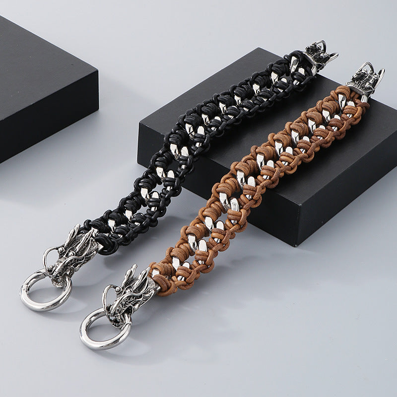 Planderful Mens Woven Leather Skull Bracelet Dragon Head