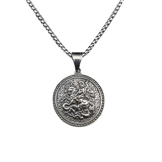 Steel Necklace – Vintage St George Dragon Slayer Pendant For Men Great Gift For Him Noble Medieval Style