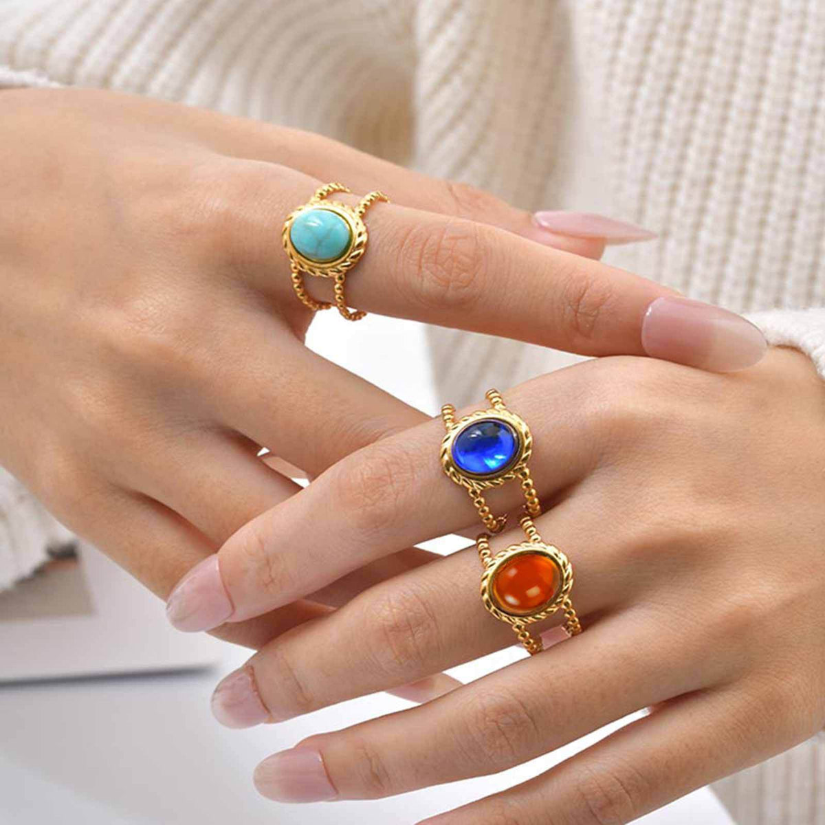 Stainless Steel Hot-Selling Geometric Lines Imitation Natural Stone Double-Layer Open Ring