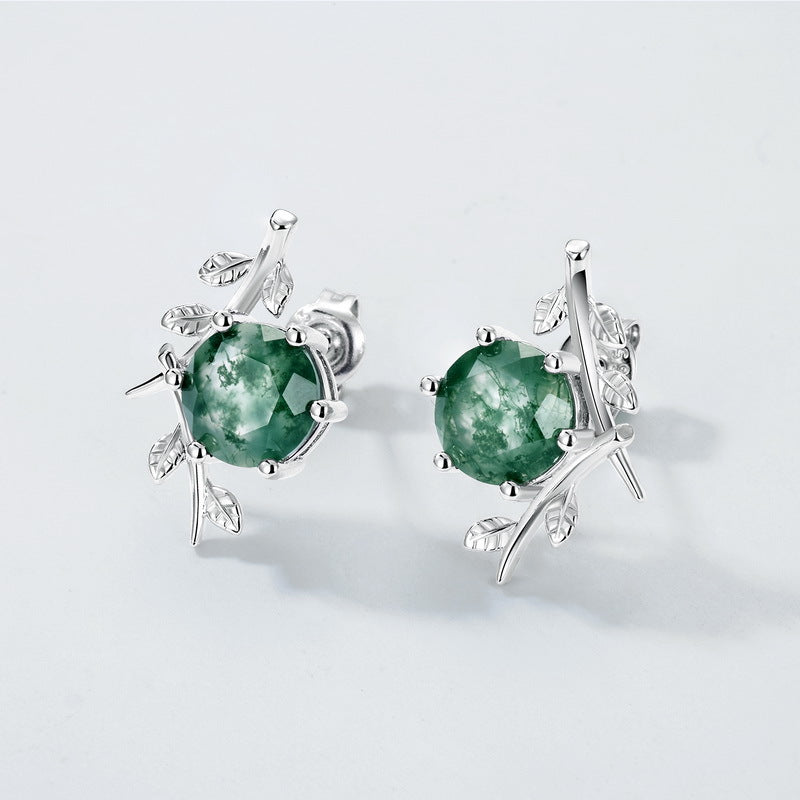 S925 Sterling Silver Moss Agate Olive Branch Stud Earrings