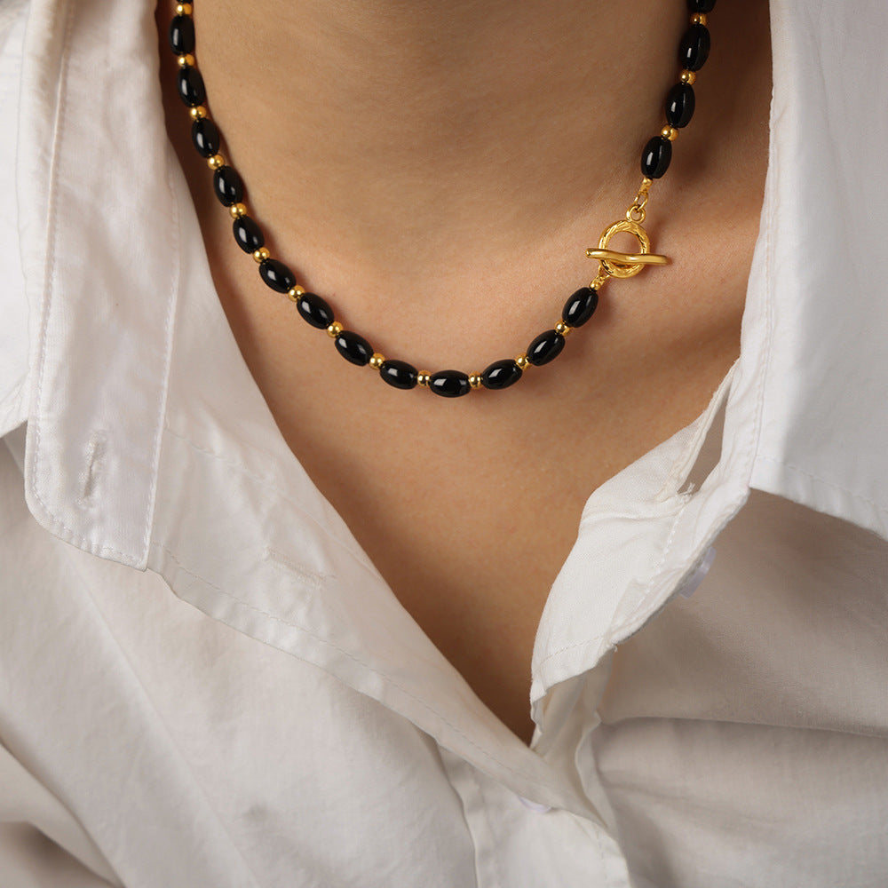 Opulent Black Agate Handmade Necklace with Elegant OT Buckle