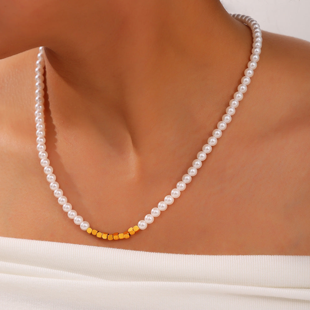 Luxurious Retro Hepburn Style Titanium Steel Necklace with Silver Millet and Shell Beads