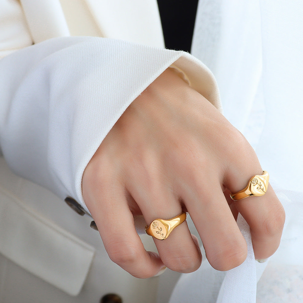 Elegant Rose Bloom Titanium Steel Ring - 18k Gold Index Finger Jewelry