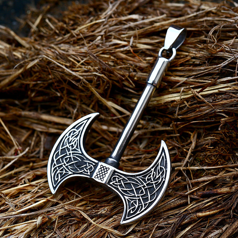 Titanium Steel Double-Sided Viking Axe Pendant with Celtic Knot Design for Men