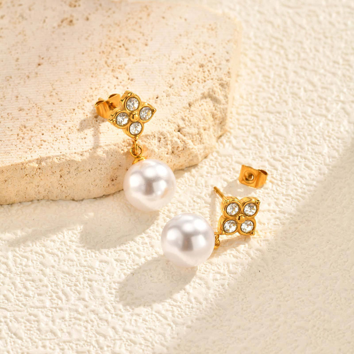 Stainless Steel Four-Leaf Clover Pearl Earrings Women's Necklace