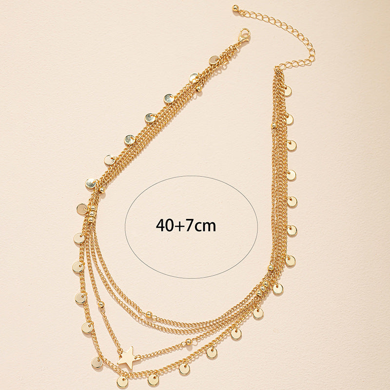 Five-Pointed Star Metal Disc Necklace with European and American Style Clavicle Chain