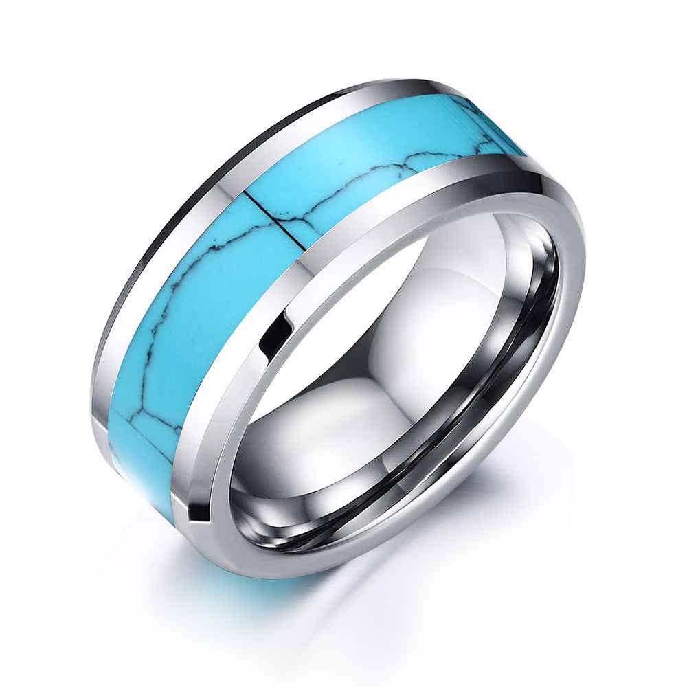 Tungsten Steel Ring Gold Flat Edge Turquoise Wholesale Men