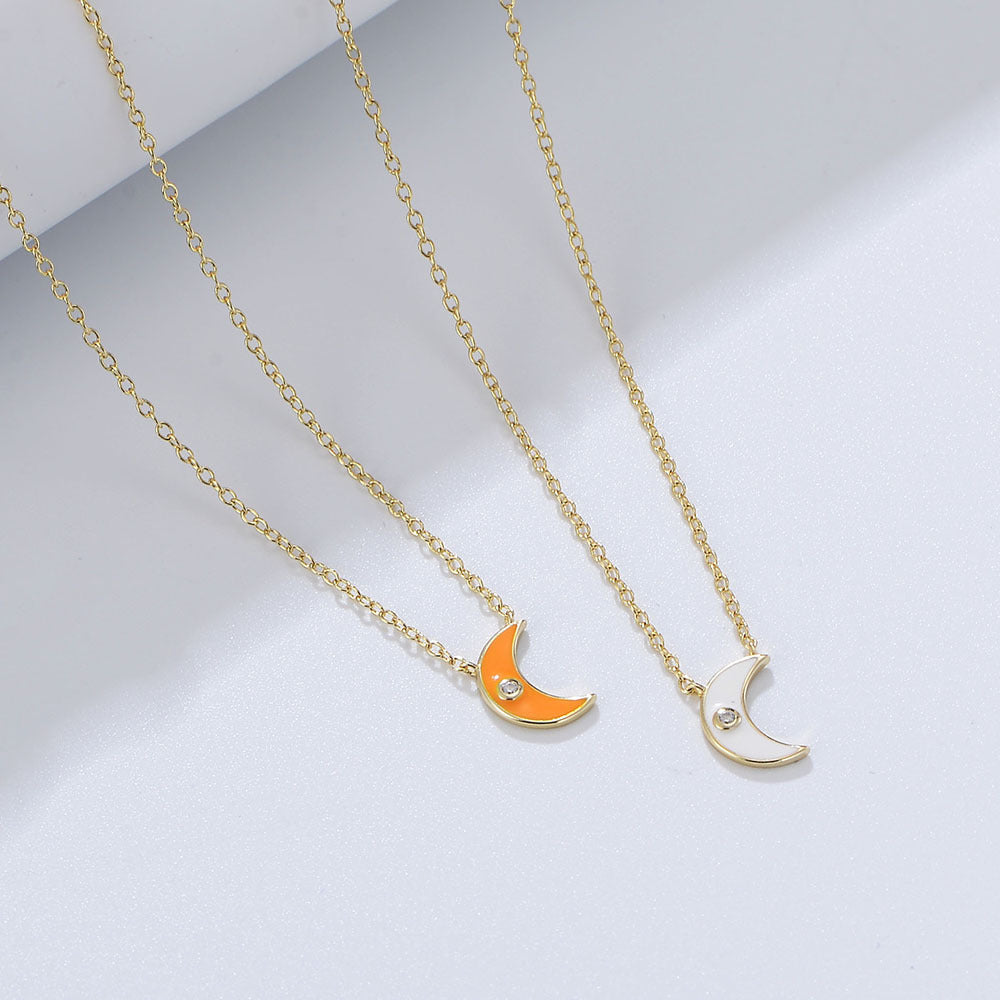 S925 Sterling Silver Women Inlaid Zircon Cold Wind Necklace Epoxy Moon