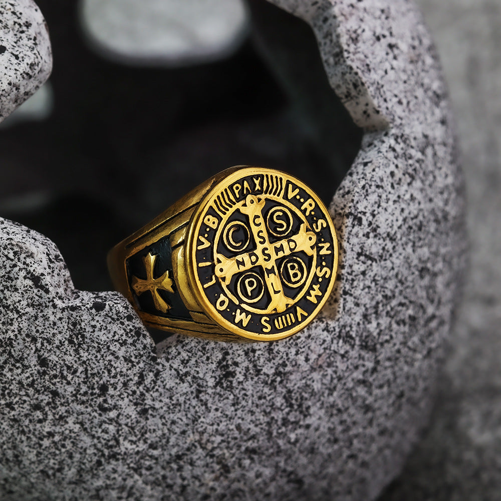 European and American Retro Stainless Steel Men's Ring Personalized Exorcism Saint Ben Cross Ring