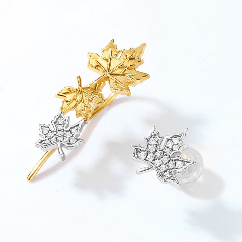 Two Tone Maple Leaf Zircon Asymmetric Sterling Silver Stud Earrings