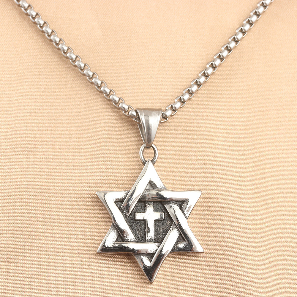 European And American Stainless Steel Cross Hexagram Pendant