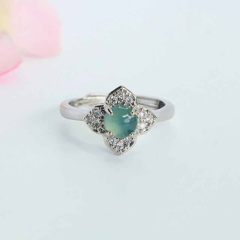 Blue Water Jadeite Prong-Set Four-Petal Flower Ring