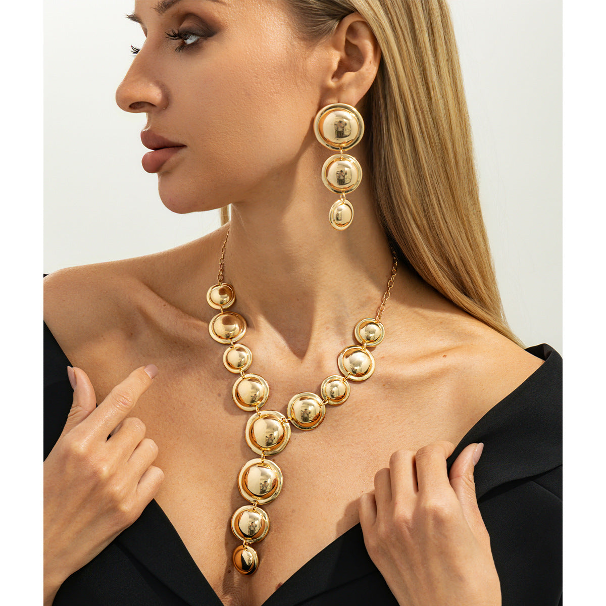 Bubble Metal Y-Necklace & Earrings Set
