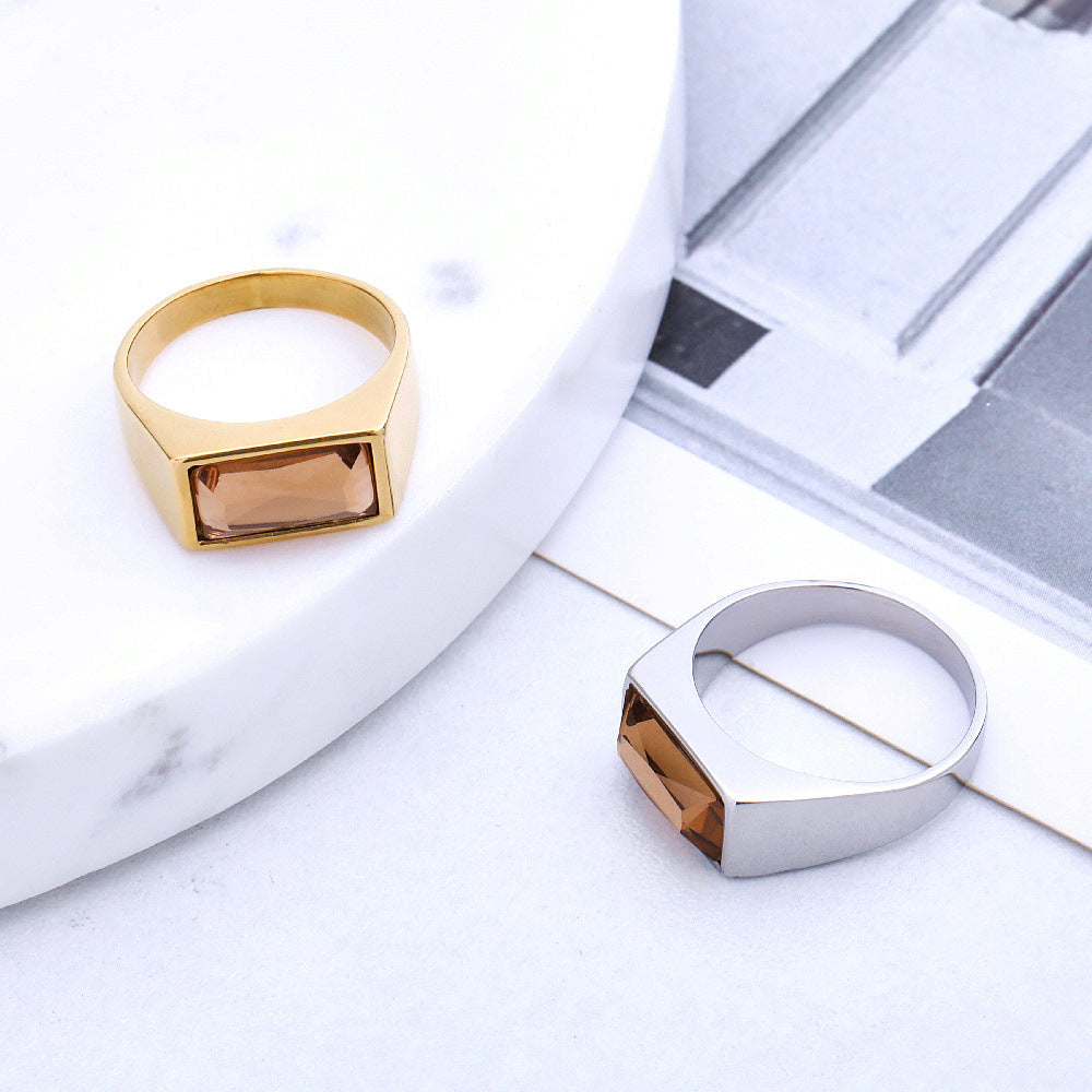 Planderful Titanium Steel Ring Unisex Champagne Zircon Sparkle Retro Everyday Genie